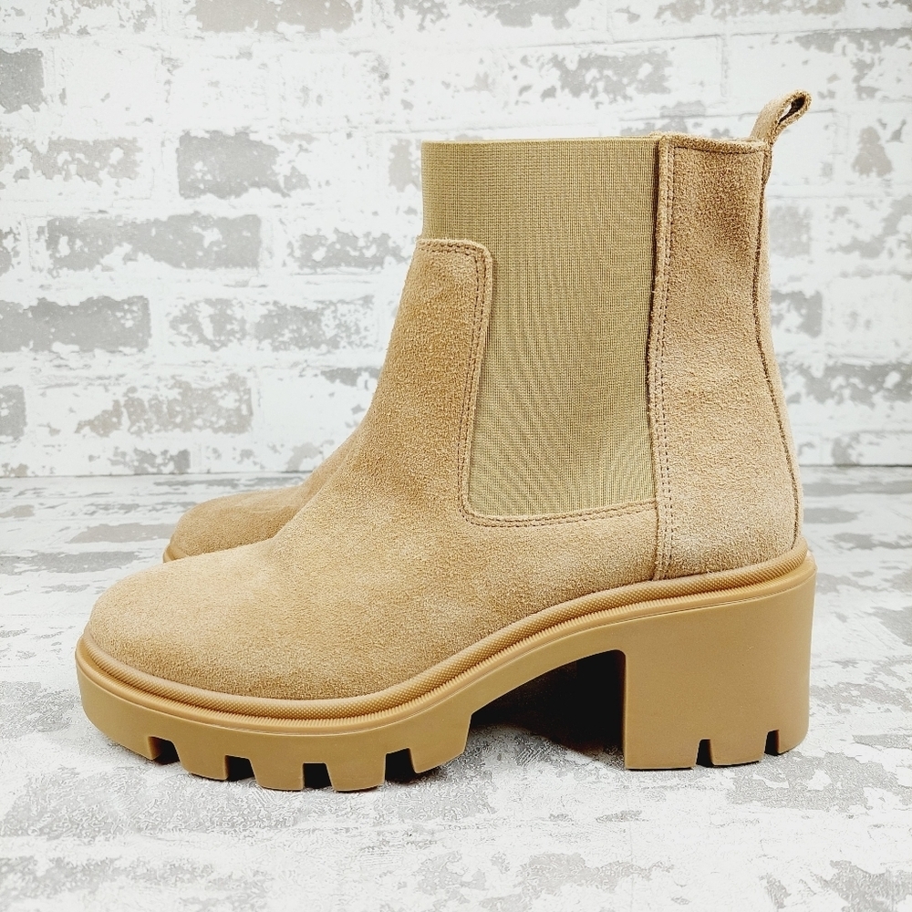 New Antonio De Falia Tan Suede Block Heel Chunky Sole Pull On Ankle Boots i732